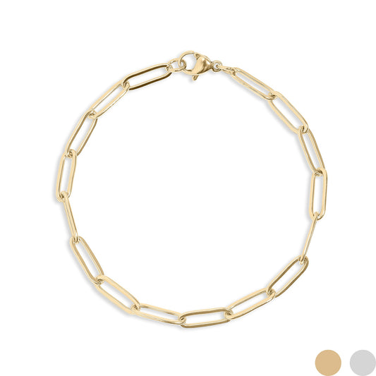 Gold paperclip chain bracelet on a white background