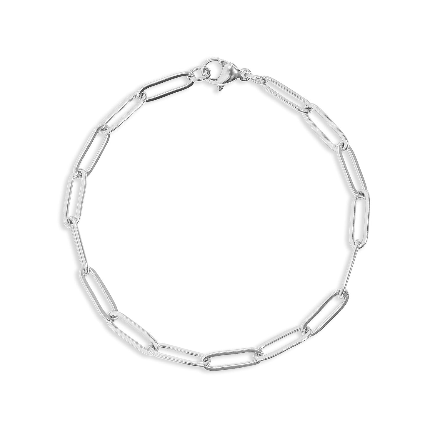 Silver paperclip chain bracelet on a white background