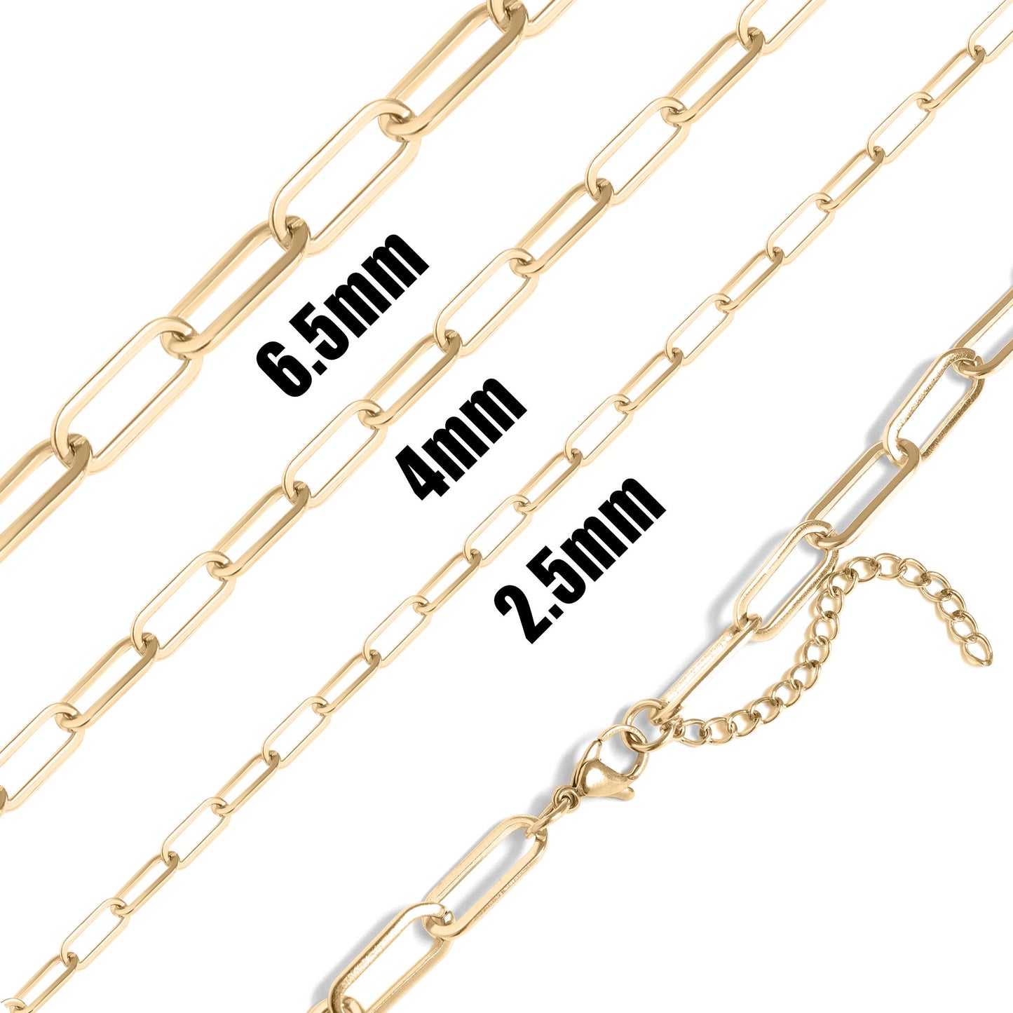 Four various sized link paperclip chain necklaces on a white background with sizes 2.5mm, 4mm, and 6.5mm