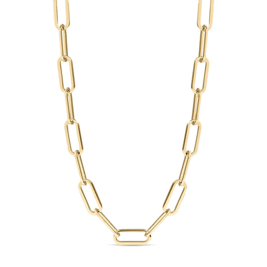 Large link gold paperclip chain necklace on a white background