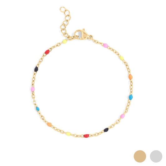Gold bracelet with colorful beads on a white background