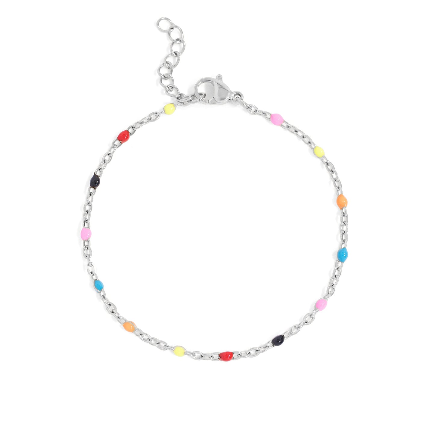 Silver bracelet with colorful beads on a white background