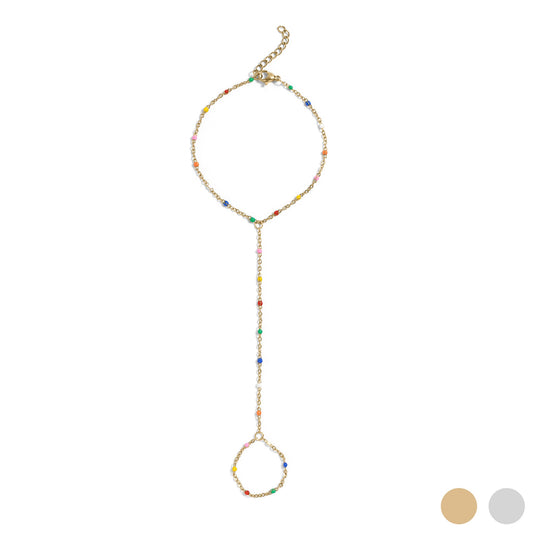 Multicolored gold hand chain with multi color beads on a white background
