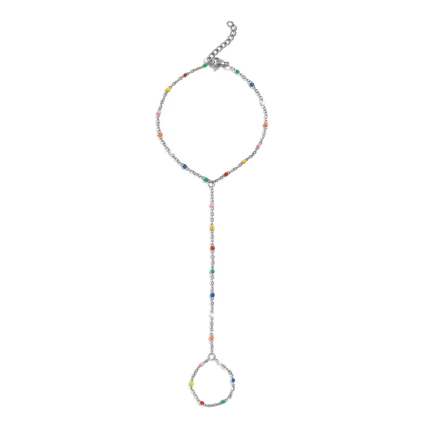 Multicolored beaded silver hand chain on a white background