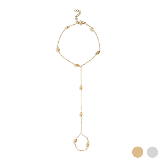 Gold hand chain on a white background