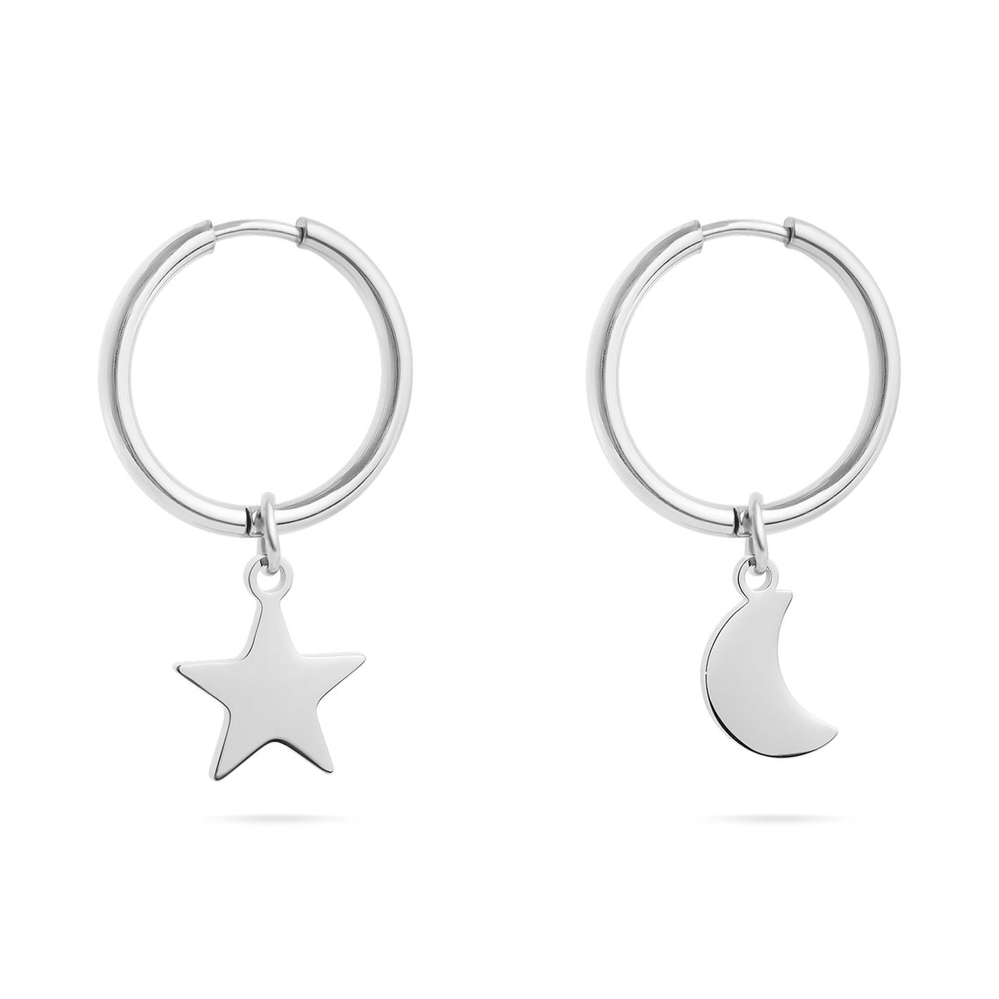 Silver hoop earrings with star and moon charms on a white background