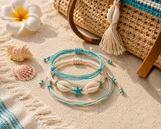A set of turquoise and cream beaded bracelets styled on a sandy beach background with seashells, a frangipani flower, and a woven bag.