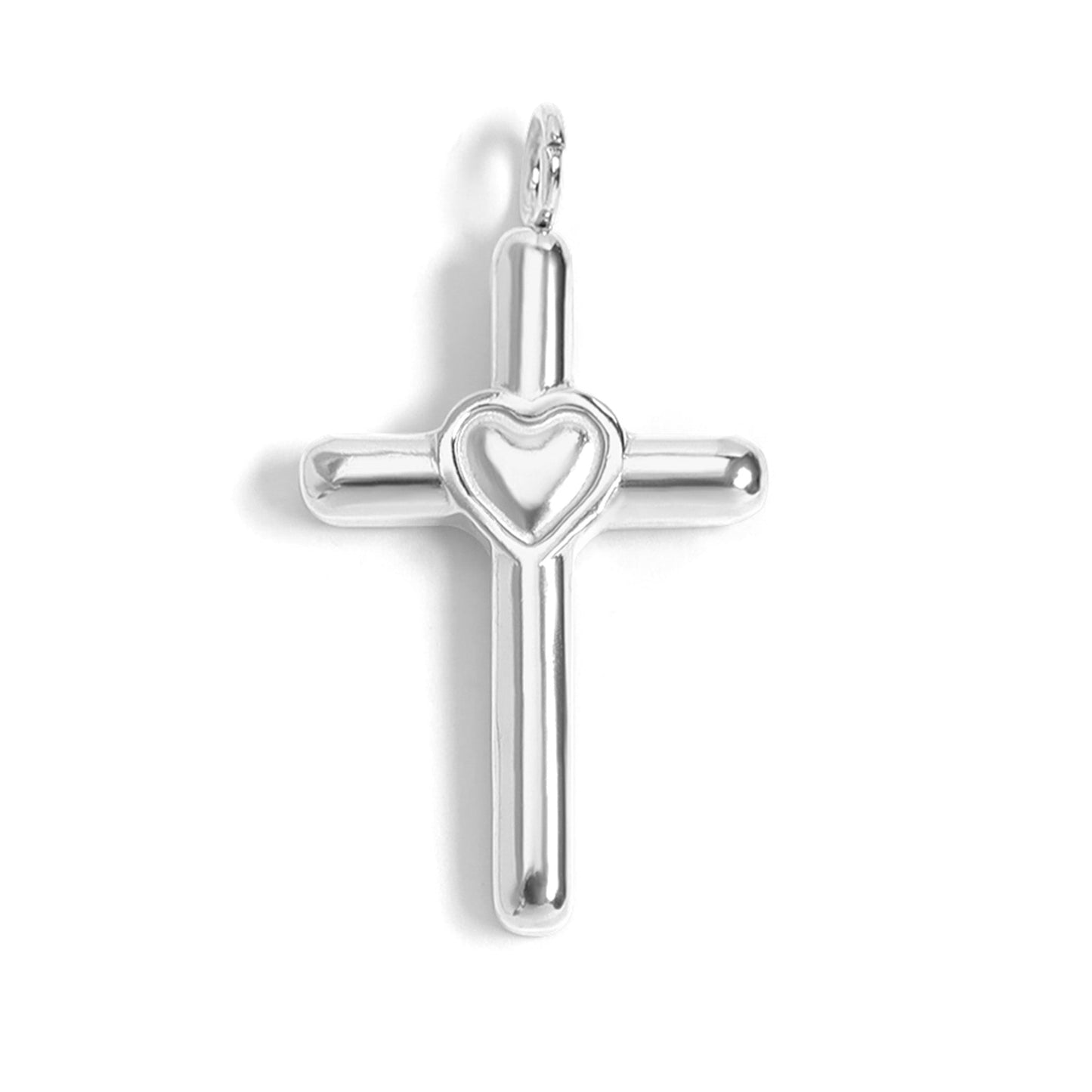 Silver cross pendant with a heart design on a white background