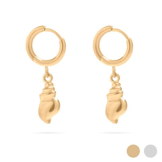 Gold hoop earrings with conch shell charms on a white background