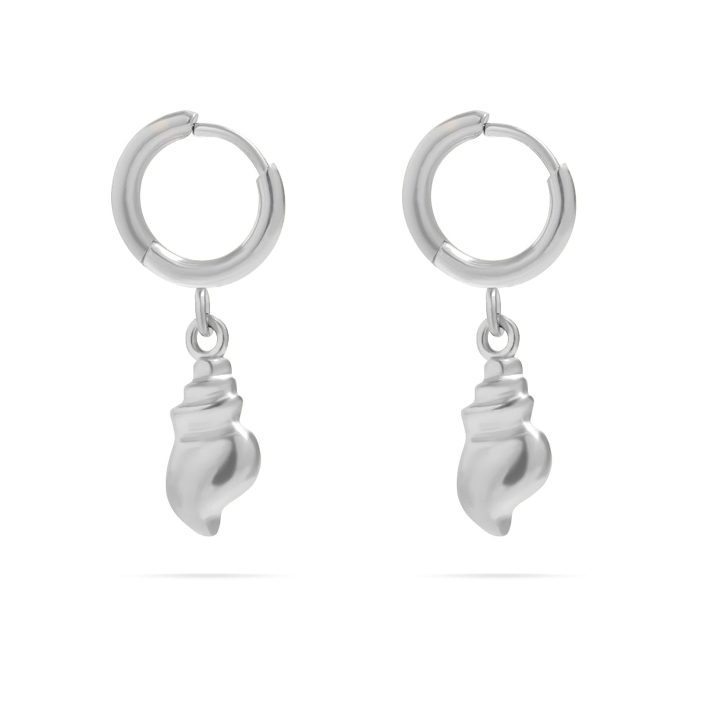 Silver hoop earrings with conch shell charms on a white background