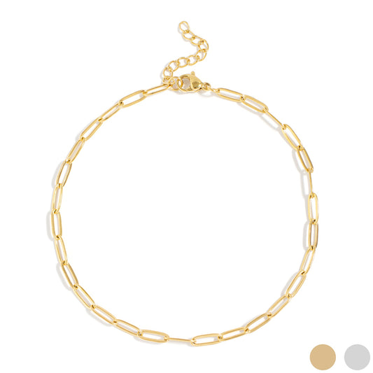 Gold paperclip chain anklet on a white background