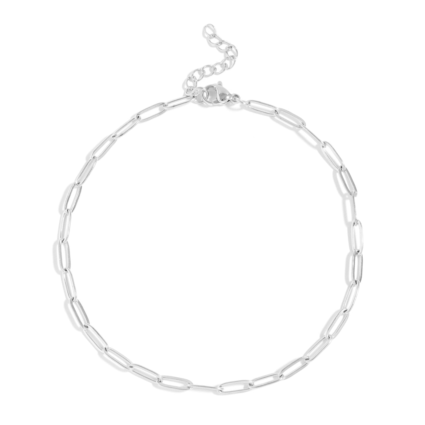 Silver paperclip chain anklet on a white background