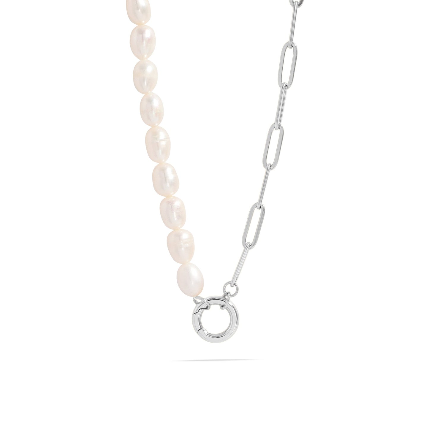 Pearl necklace with a silver chain on a white background
