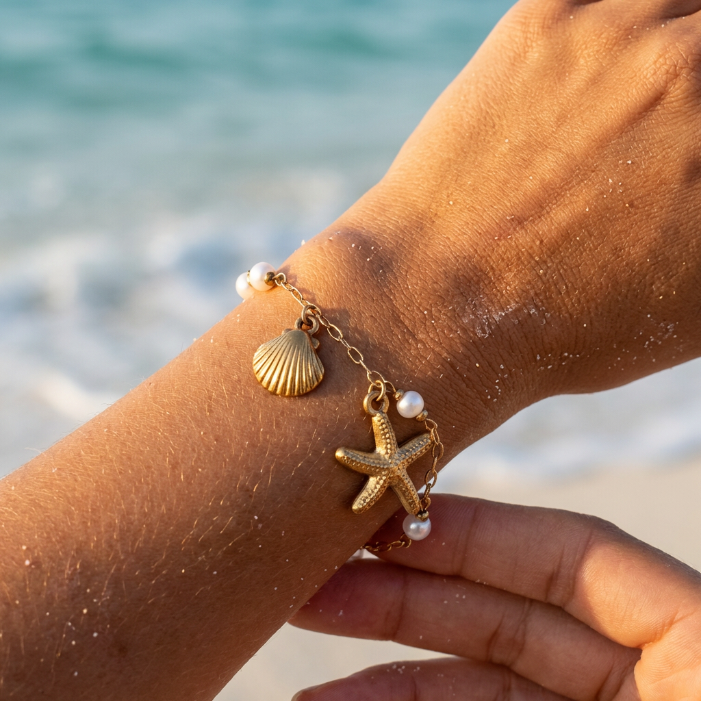 Bracelet with starfish and shell charms on a wrist against a beach background