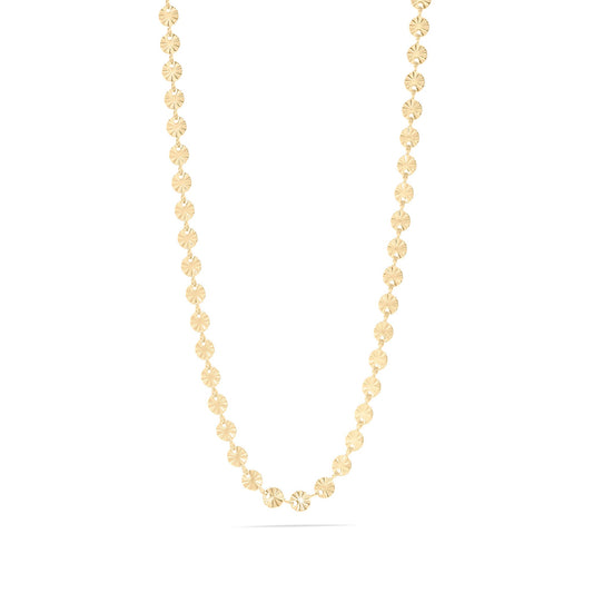 Gold necklace with mini suns on a white background