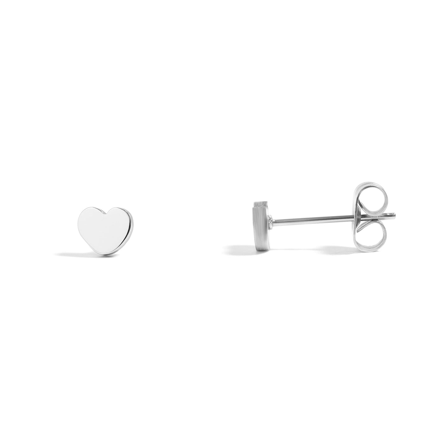 Silver heart-shaped stud earrings on a white background