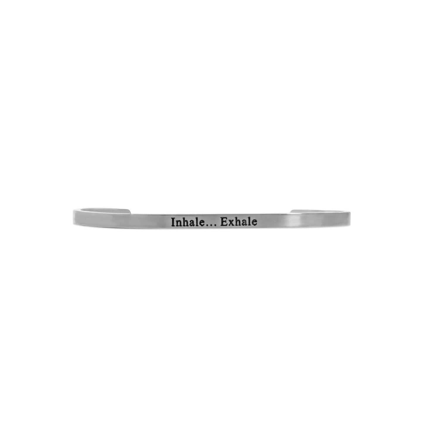 Silver bracelet with 'Inhale... Exhale' text engraved on a white background
