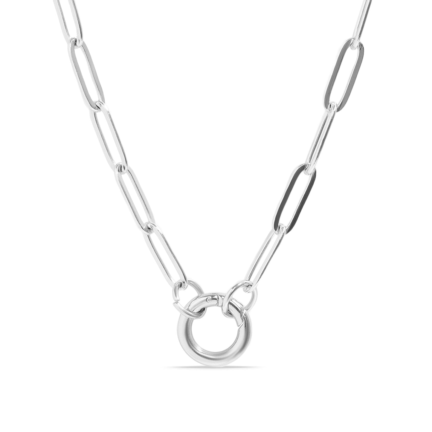 Silver paperclip chain necklace with a charm keeper on a white background