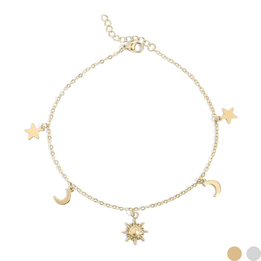 Gold anklet with star, moon, and sun charms on a white background