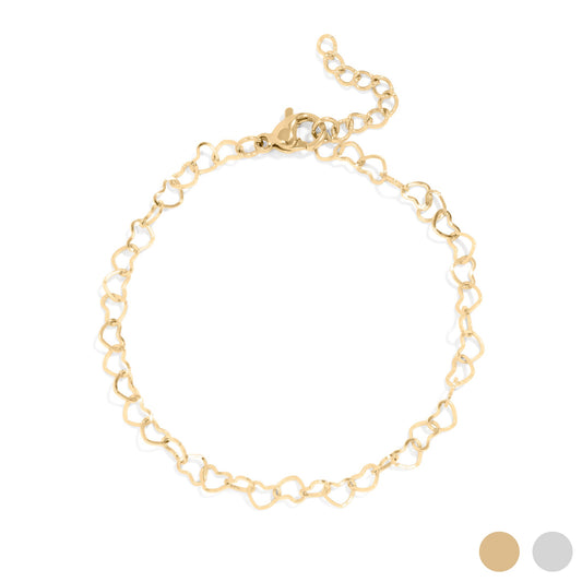 Dainty gold chain bracelet made of tiny hearts on a white background