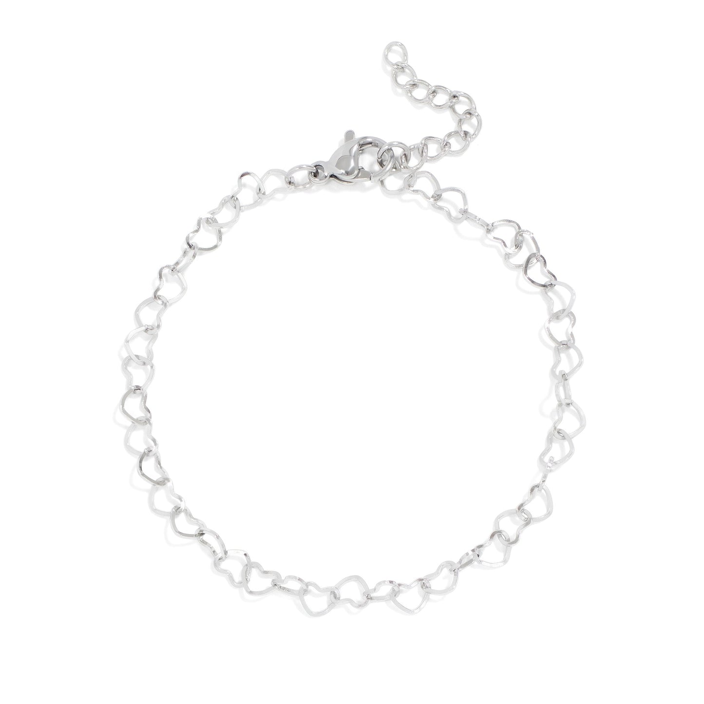 Silver chain bracelet made of tiny hearts on a white background