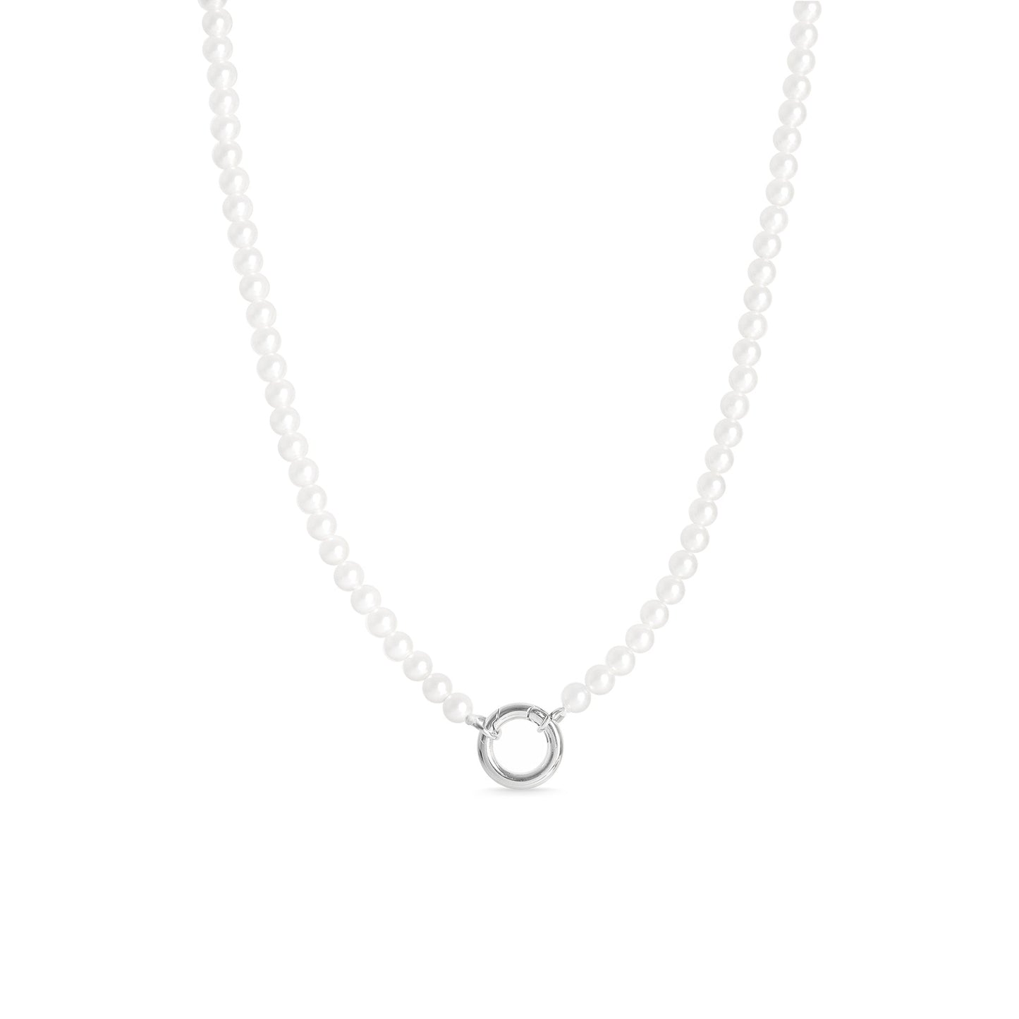 Pearl necklace with a small round silver charm keeper on a white background