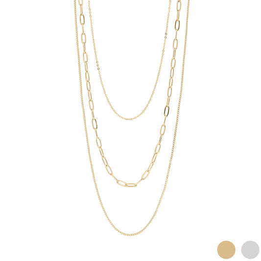 Three layer gold necklace on a white background.
