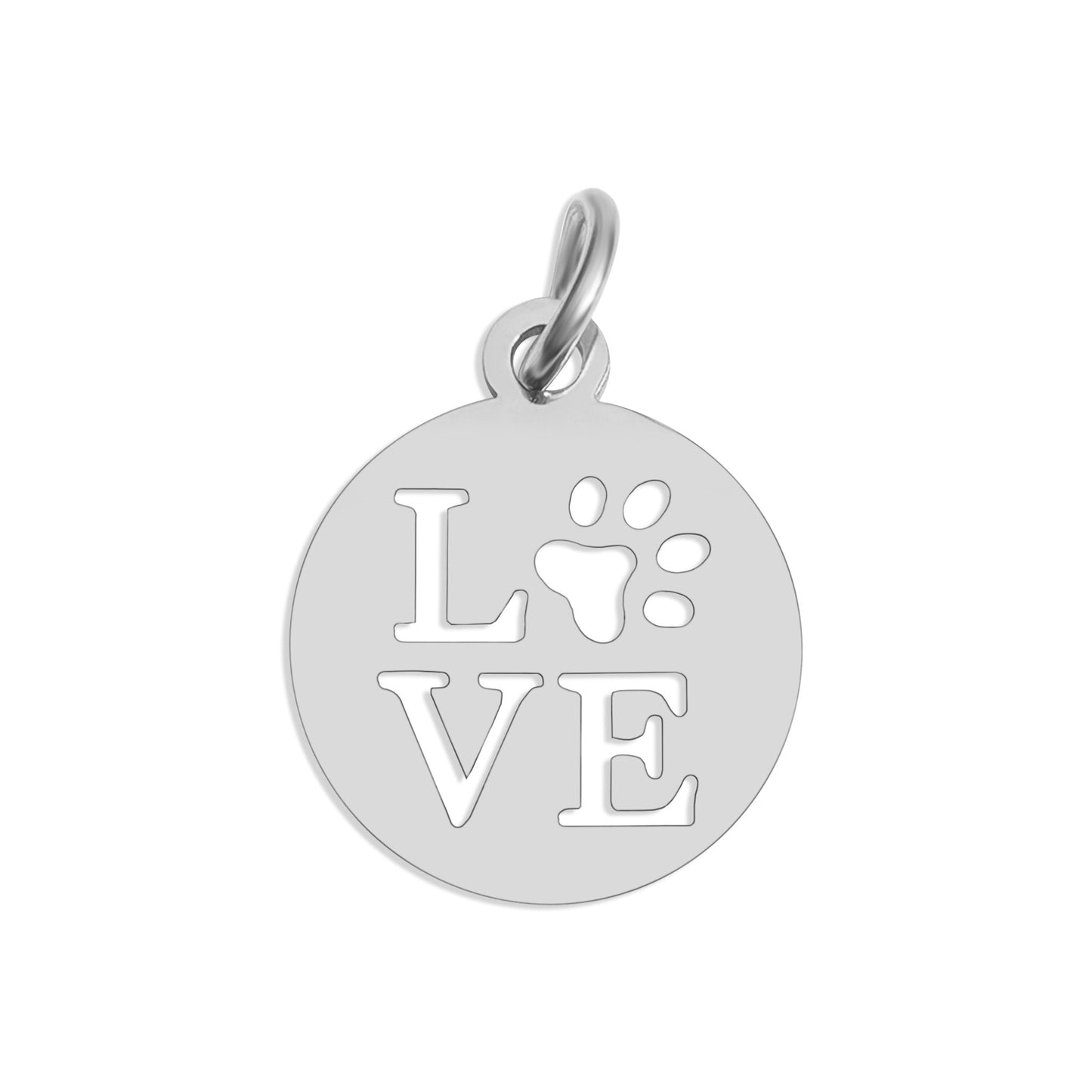 Silver pendant with 'LOVE' engraving and a paw print on a white background