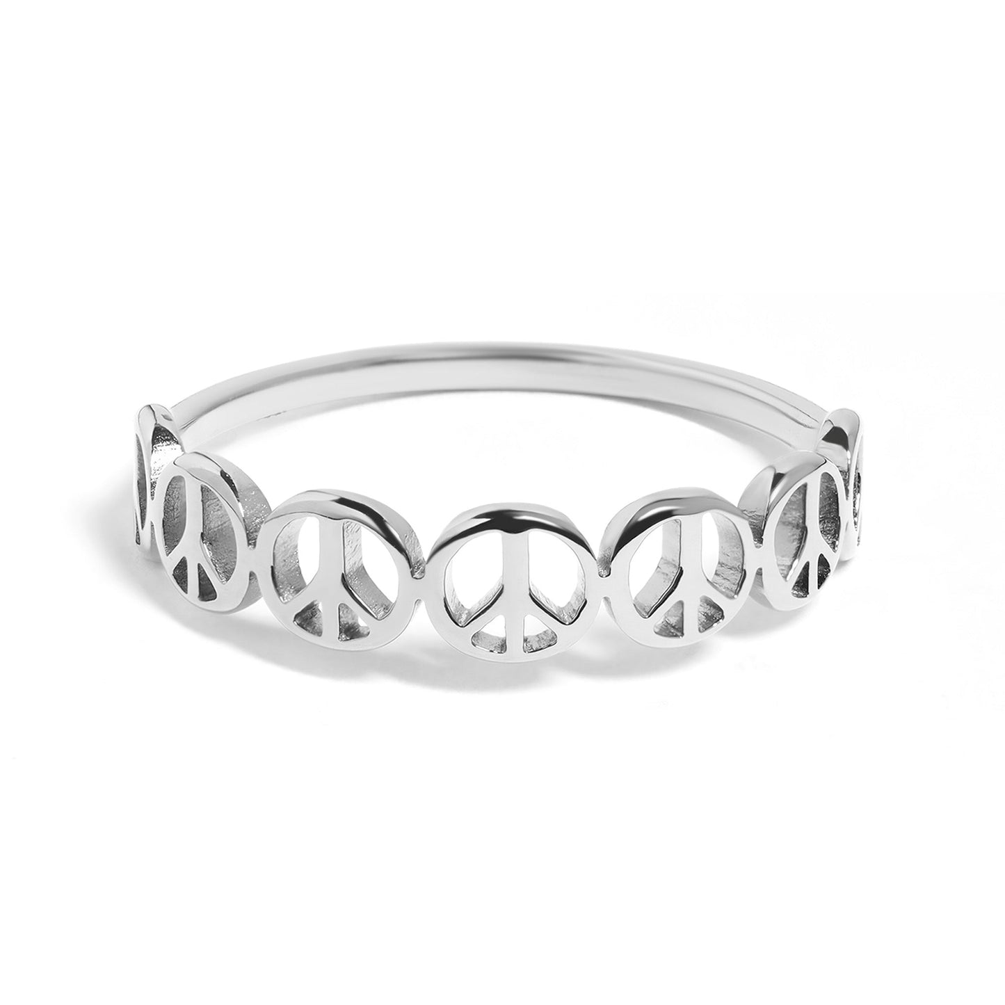 Silver peace sign ring on a white background
