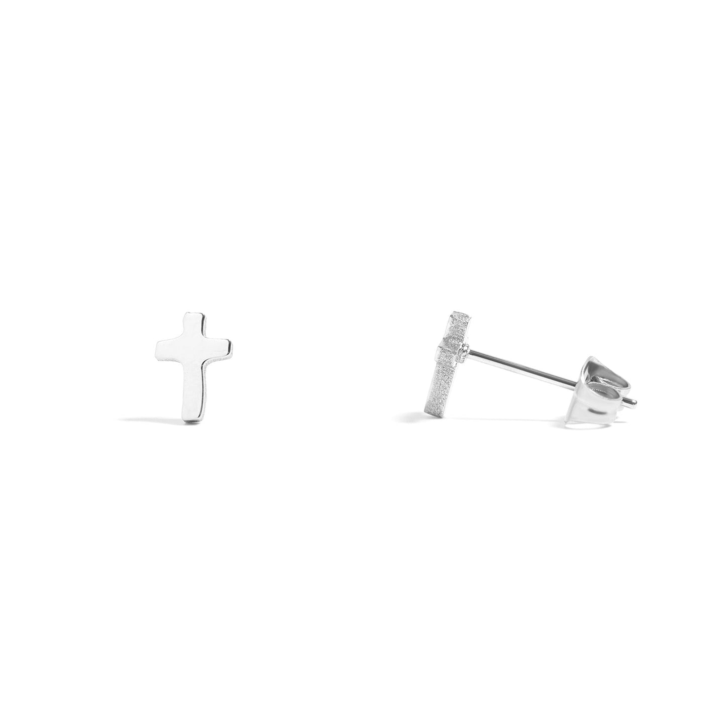 Silver cross-shaped earrings on a white background