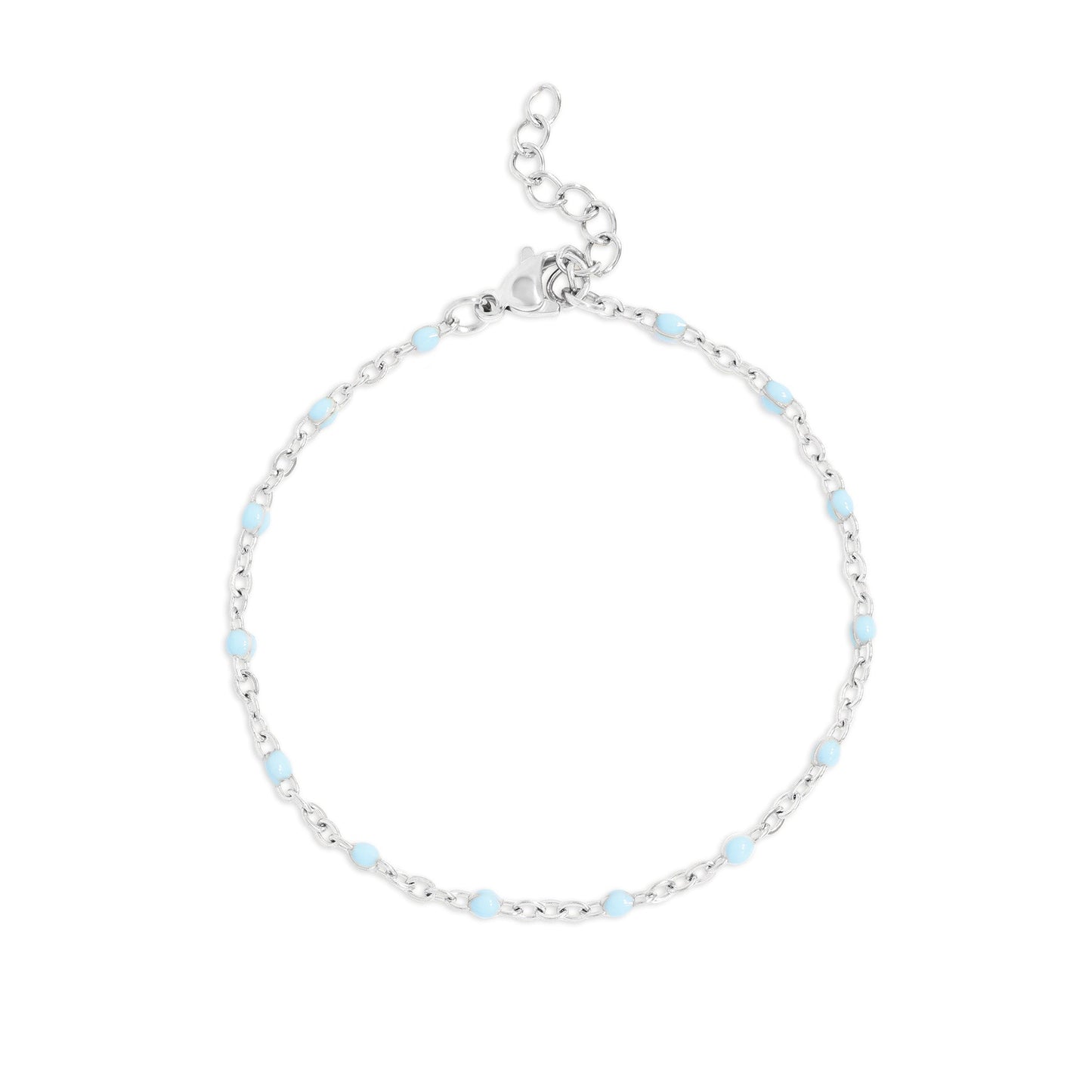 Silver bracelet with small turquoise beads on a white background