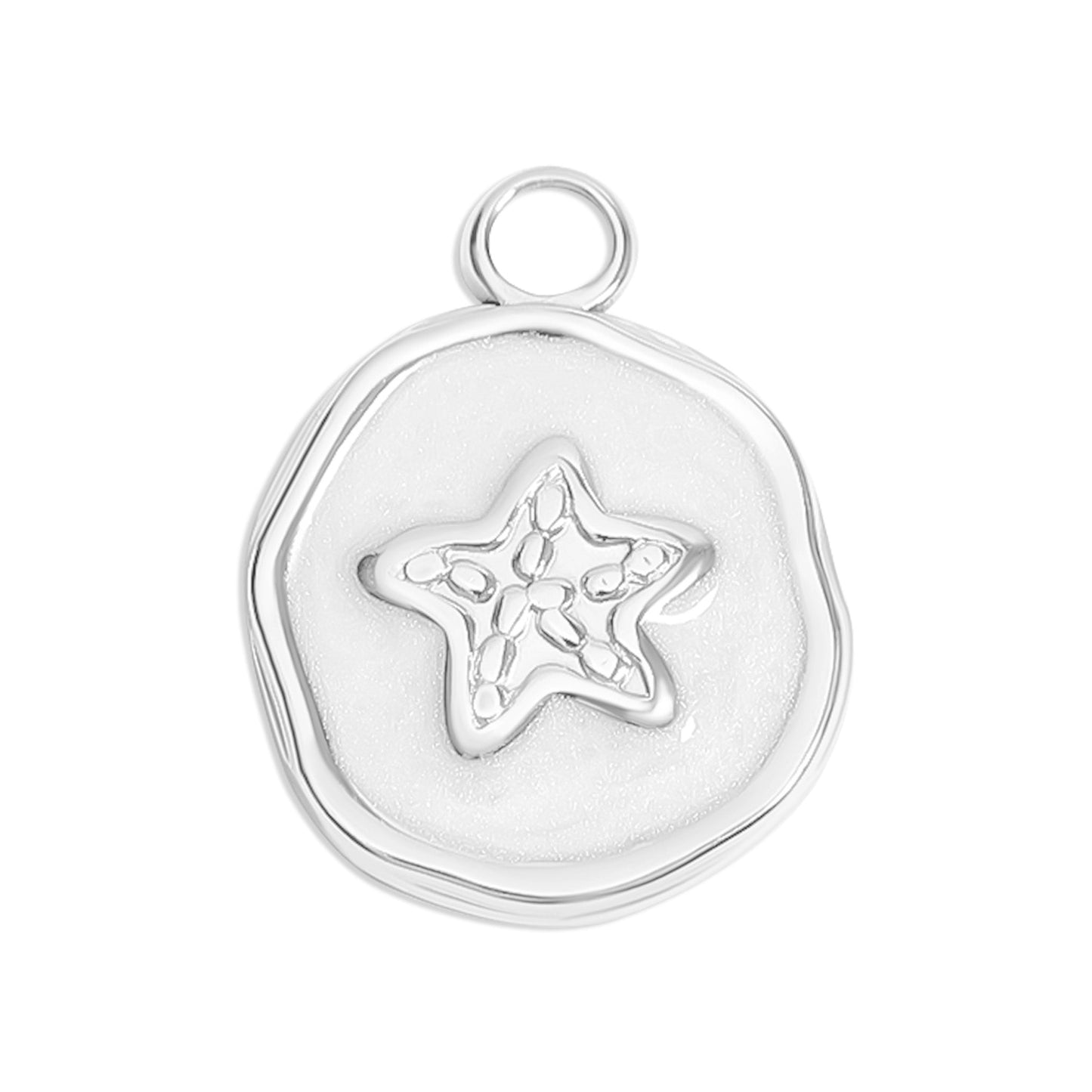 Circular silver pendant with starfish in the center on a white background