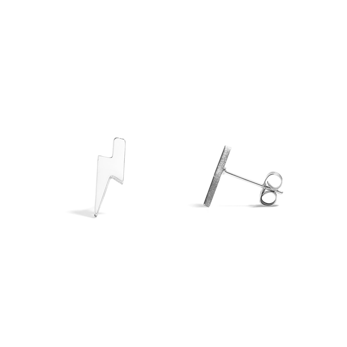 Pair of silver lightning bolt-shaped earrings on a white background