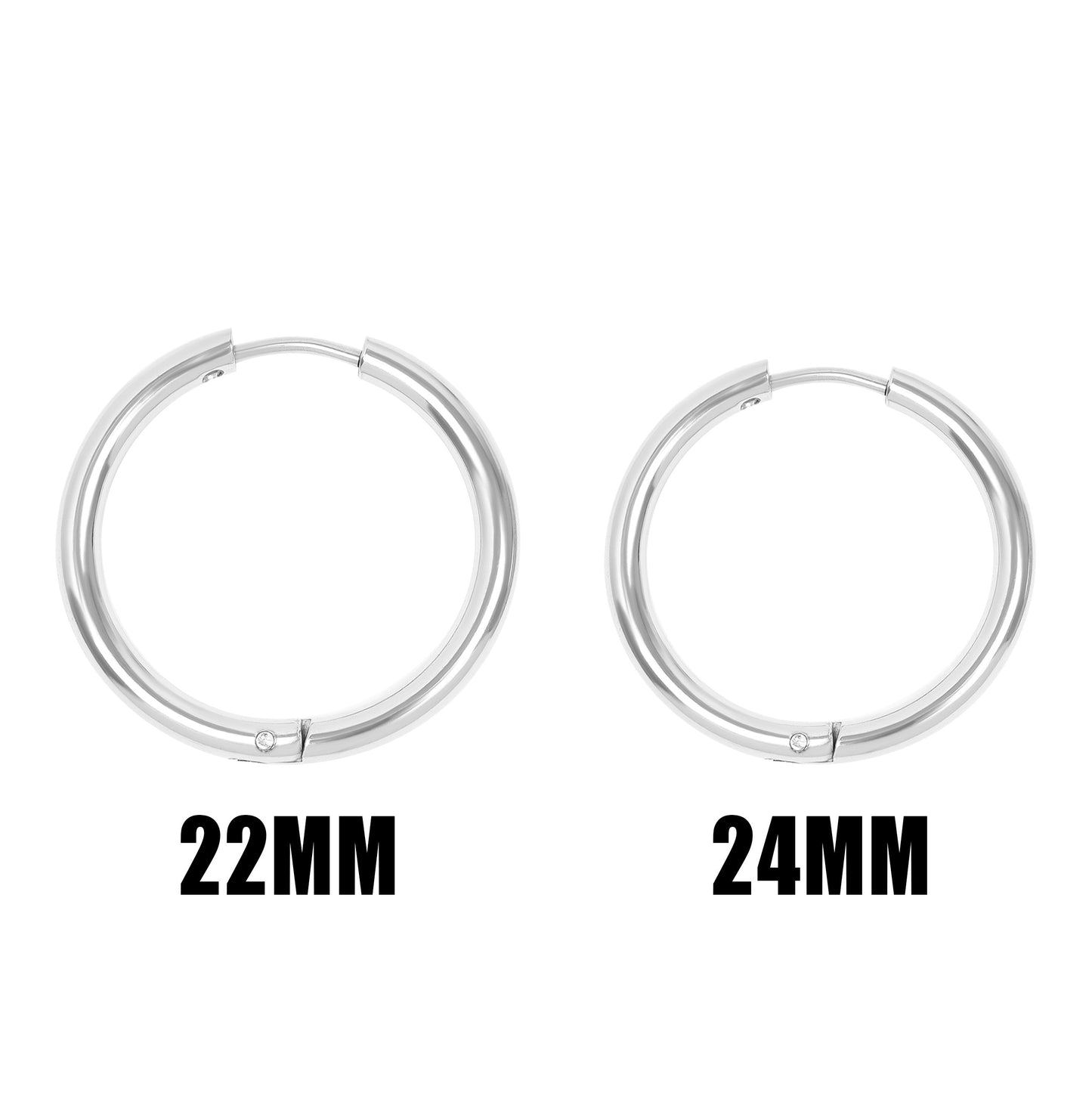 Two pairs of silver hoop earrings labeled '22MM' and '24MM' on a white background.