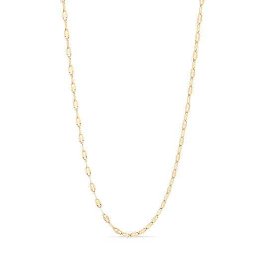 Gold lip chain necklace on a white background