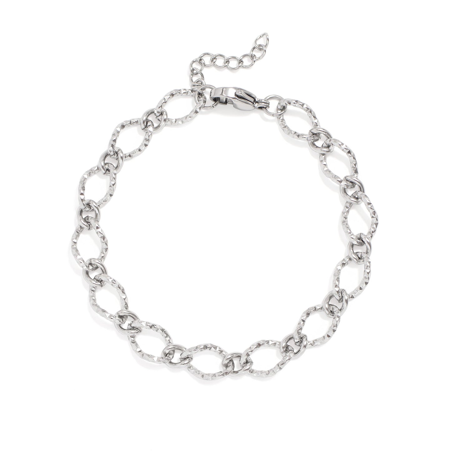 Silver hammered oval chain bracelet on a white background