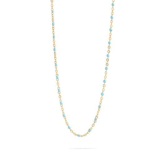 Necklace with gold chain and small turquoise beads on a white background