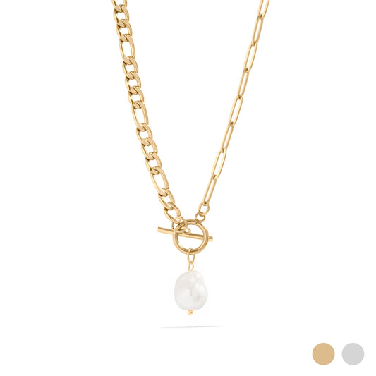 Gold mismatch paperclip chain necklace with a white baroque pearl pendant on a white background