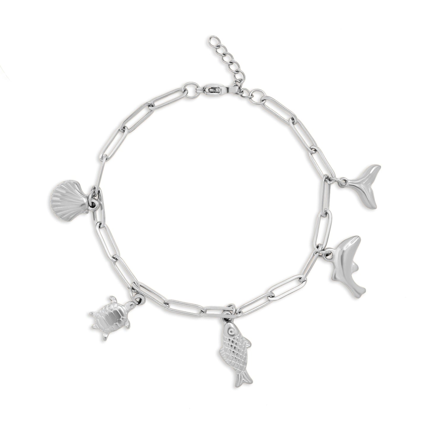 Silver bracelet with various sea creature charms on a white background