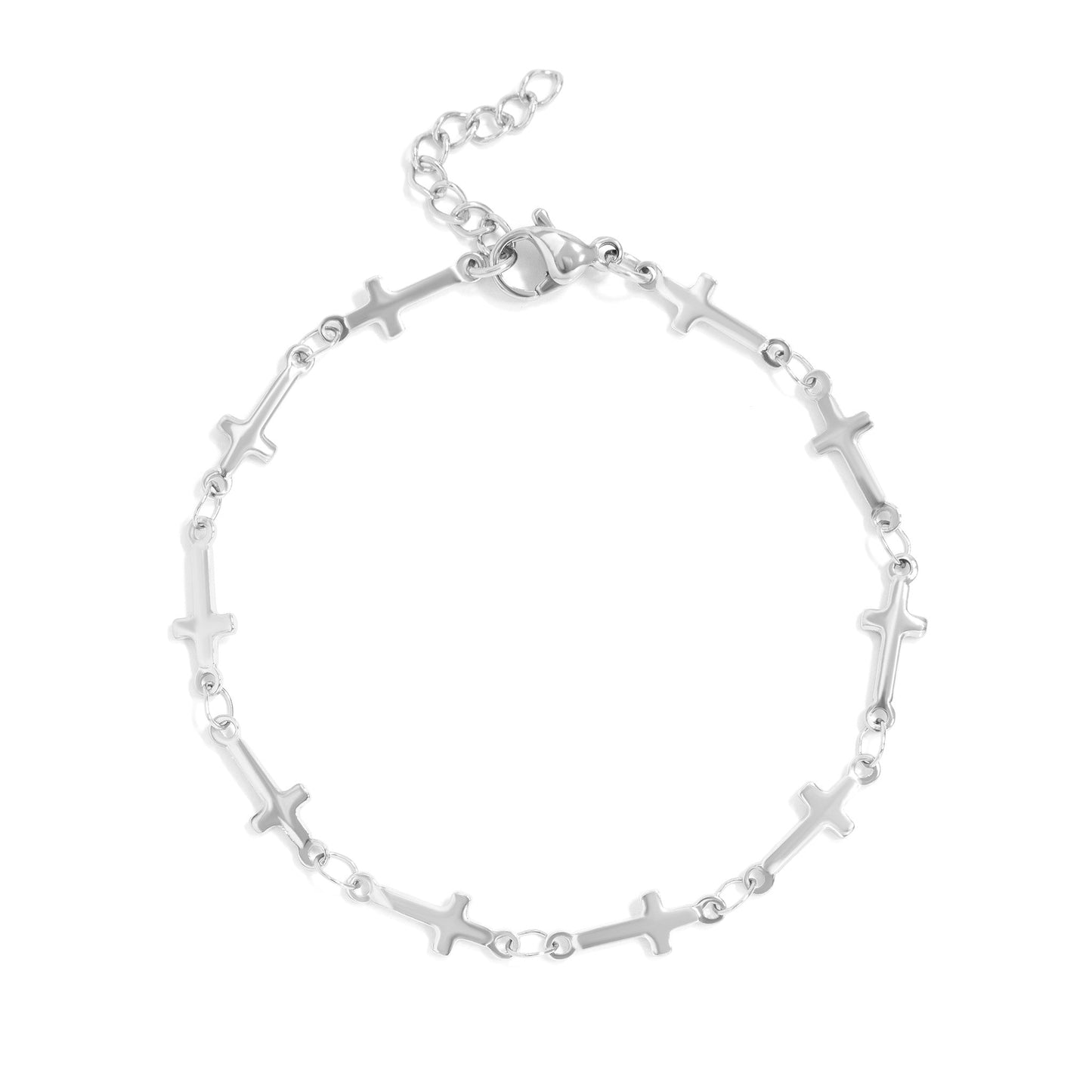 Silver bracelet with cross designs on a white background