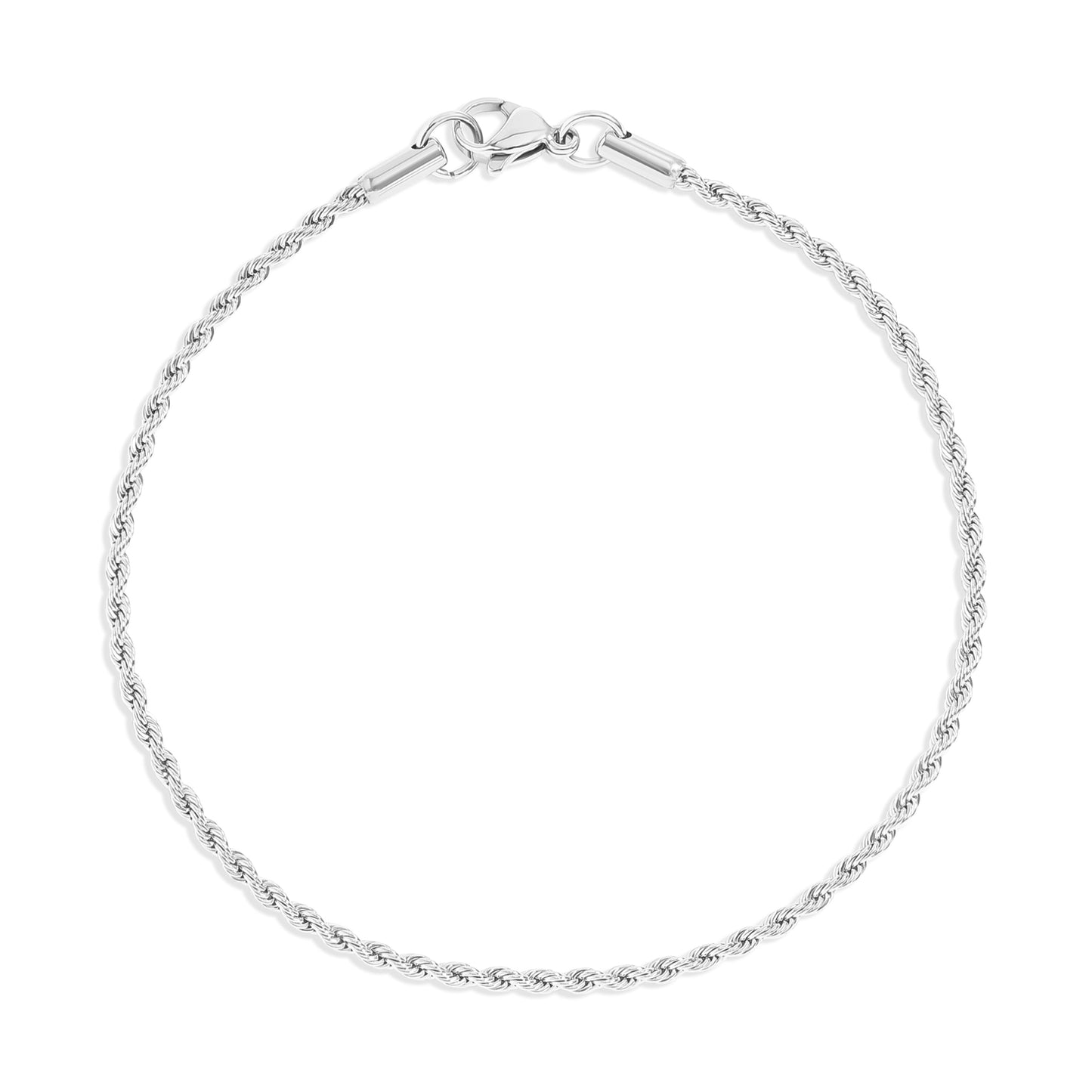 Silver rope chain bracelet on a white background