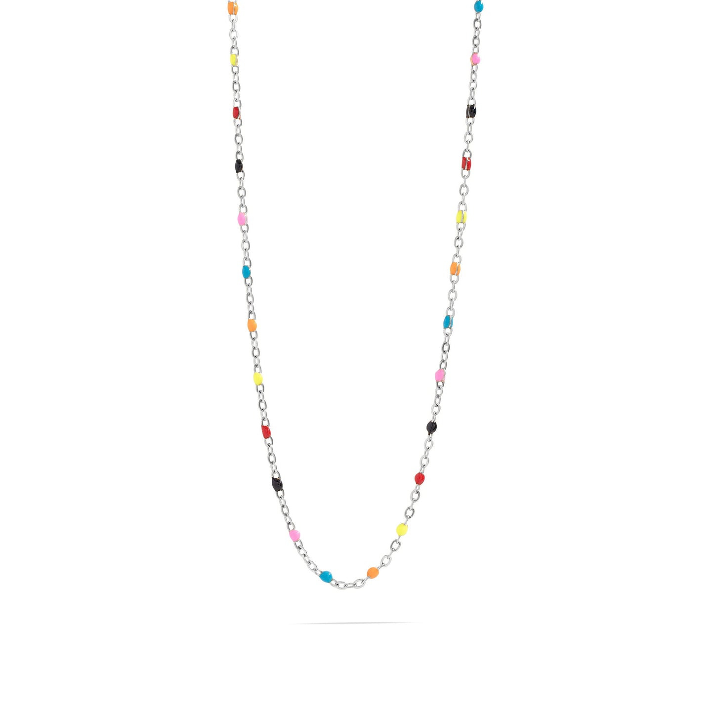 Necklace with colorful beads and silver chain on a white background