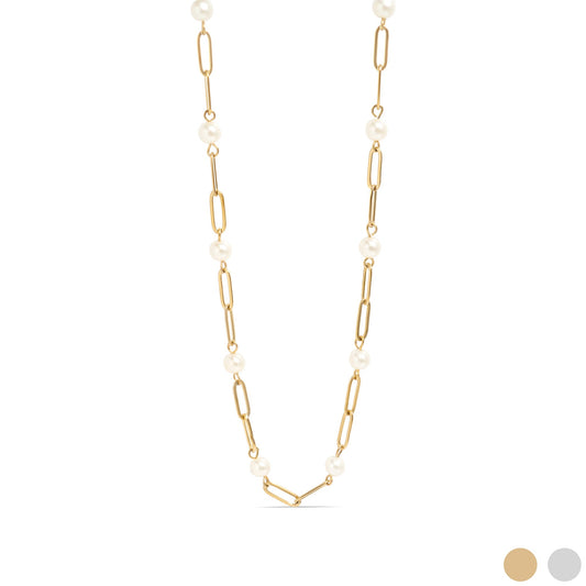 Gold paperclip chain necklace with pearls between every two links on a white background
