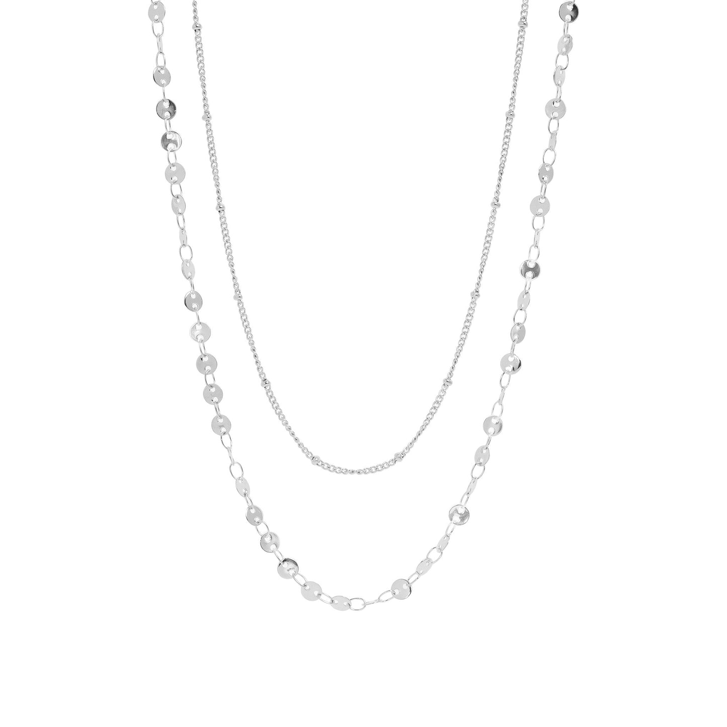 Silver layered necklace on a white background