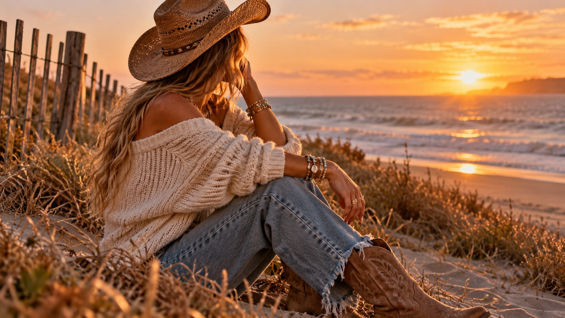 A cowgirl hat and a sweater sitting on the beach facing a sunset