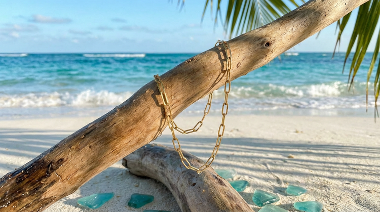 Woman on a beach in a black bikini looking up wearing a gold paperclip chain necklace