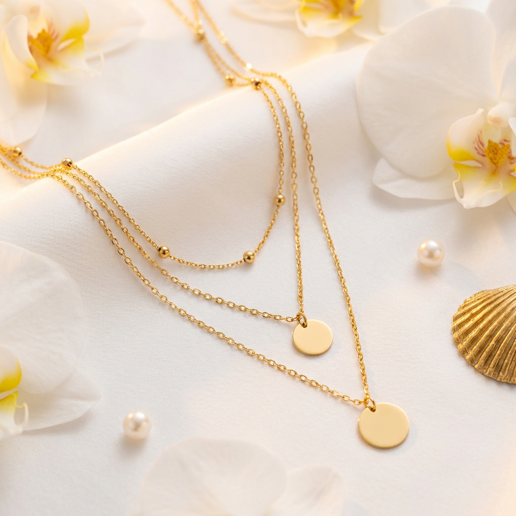 Three layer gold necklace lying on a white cloth with white flowers, a seashell and 2 white pearls nearby