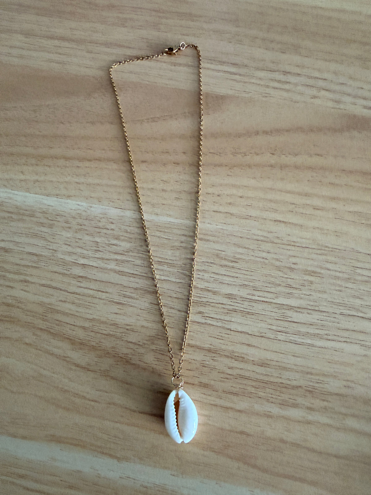A gold chain necklace with a white cowrie shell pendant, laid flat on a light wood grain surface.