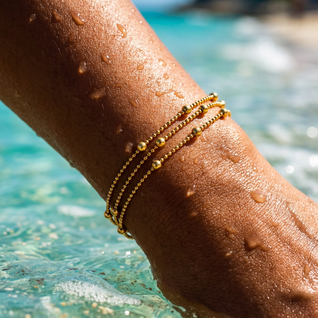 Three layer gold bracelet on a person's wrist with water in the background