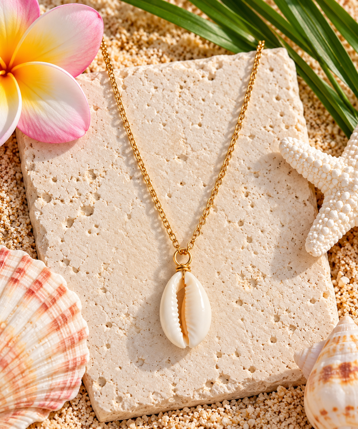 A gold chain necklace with a cowrie shell pendant, styled on a square stone tile with seashells, a starfish, sand, and a pink-and-white flower.